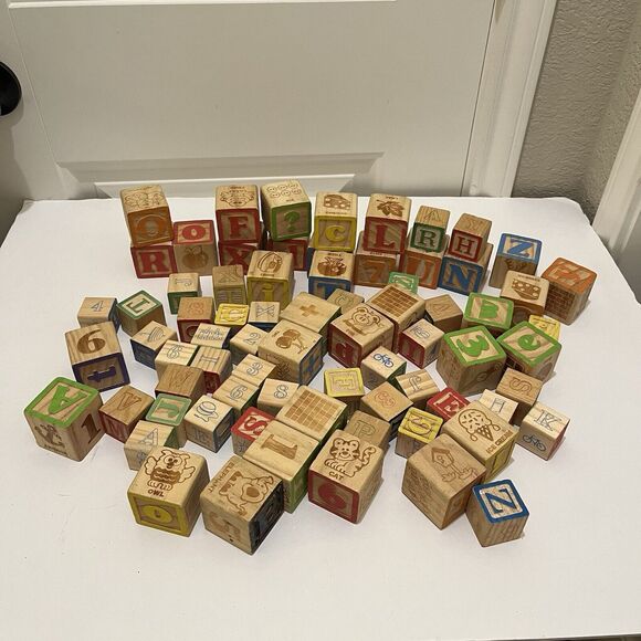 Lot of 73 Wooden Wood Toy Alphabet Letter Number Blocks Colorful Various Sizes - Picture 2 of 6